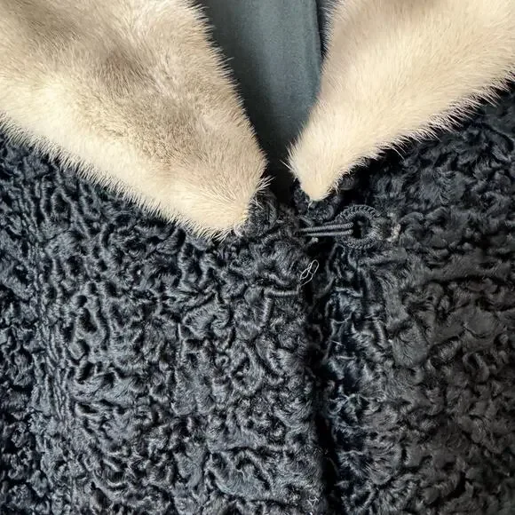 Vintage black curly Persian lamb fur coat genuine fur collar Max Zeller L-XL - Picture 4 of 10